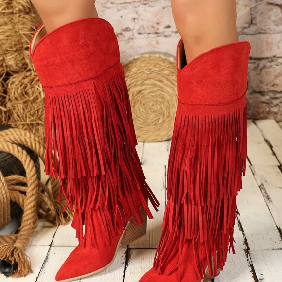 Red Western Women's Sexy Knee-High Geometric Faux Suede Chunky Heel Boots - Picture 4 of 7